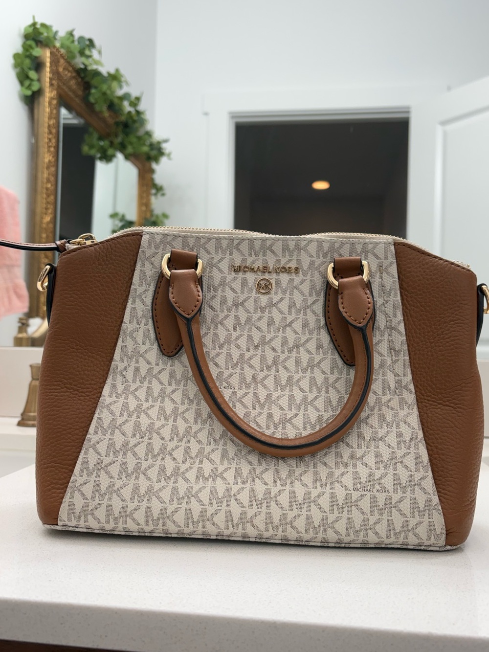 Michael Kors Cream and Brown Logo Dome Satchel